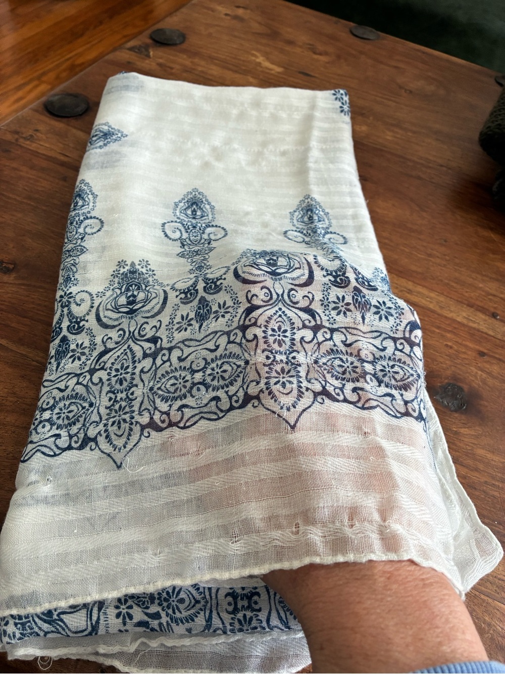 Lightweight White Scarf with Navy Blue Paisley Print